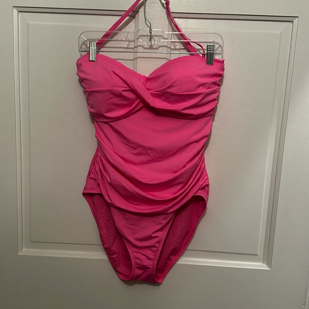 Pink one piece swimsuit with removable halter strap